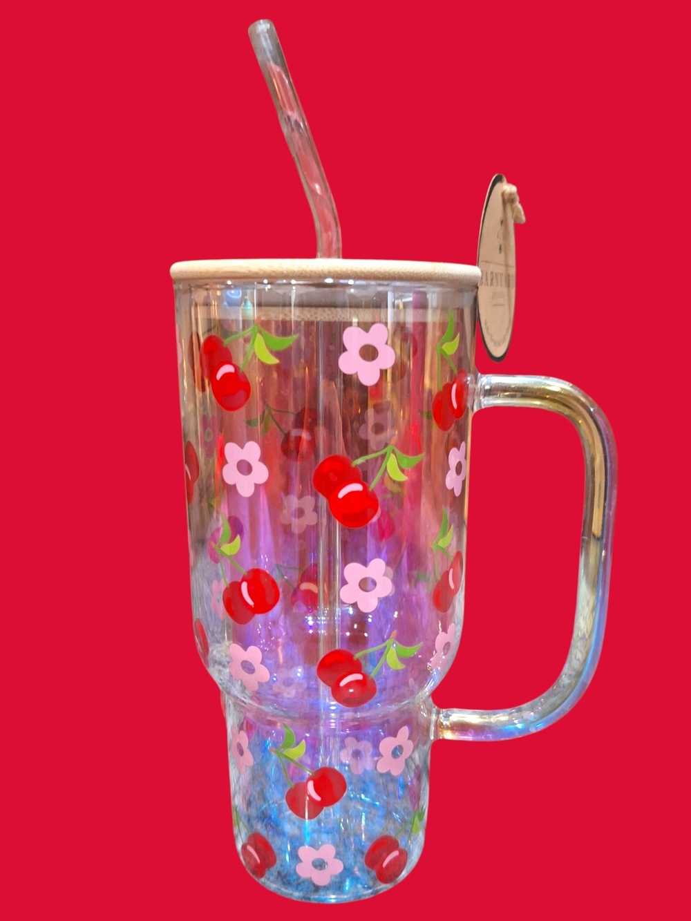 Cherry Large Glass With Handle, Bamboo Lid & Glass Straw